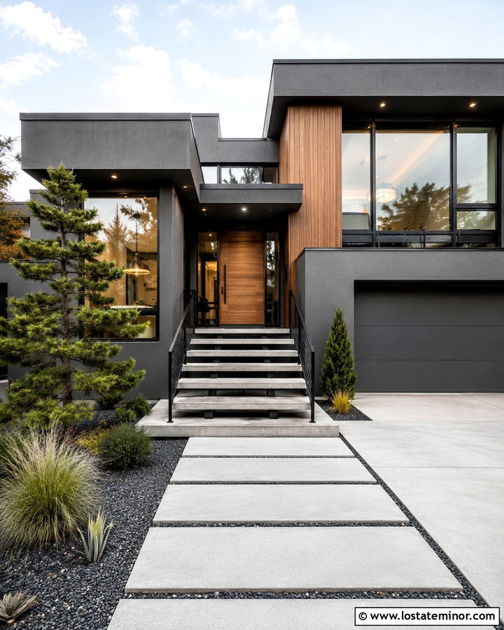 Slate Grey Contemporary House With Steel Steps - 30 Slate Grey House Design With Steps Ideas