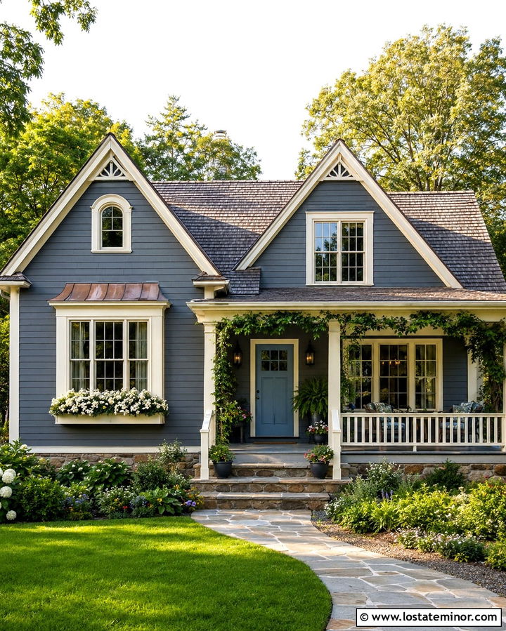 Slate Grey Cottage With Cream Porch Columns - 30 Slate Grey House Design With Porch Columns Ideas