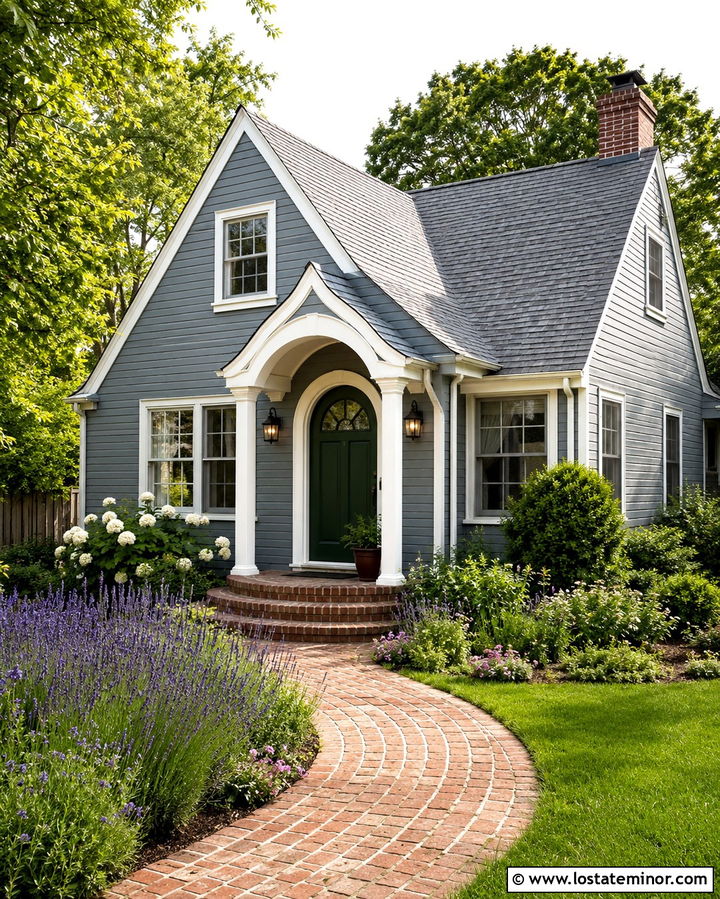 Slate Grey Cottage With Curved Brick Steps - 30 Slate Grey House Design With Steps Ideas
