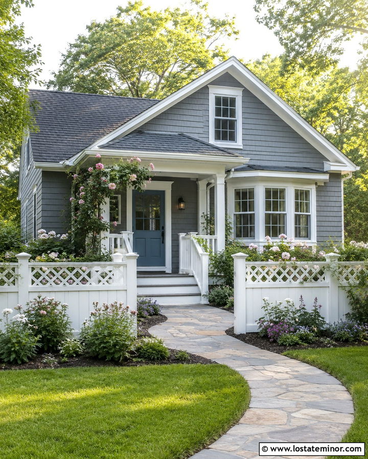 Slate Grey Cottage With Lattice Fence - 30 Slate Grey House Design With Fence Ideas