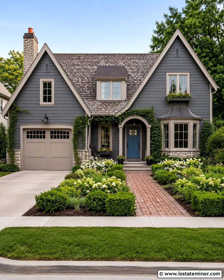 Slate Grey Cottage With Soft Taupe Garage Door - 30 Slate Grey House Design With Garage Door Ideas