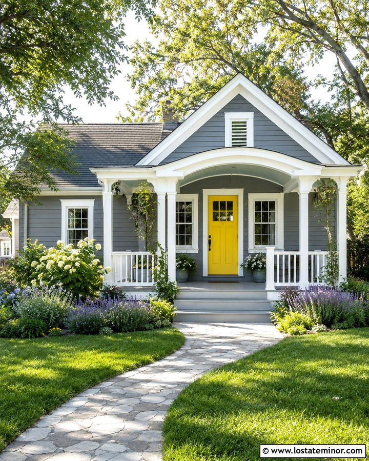 Slate Grey Cottage With Yellow Door And Front Porch - 30 Slate Grey House Design With Front Porch Ideas
