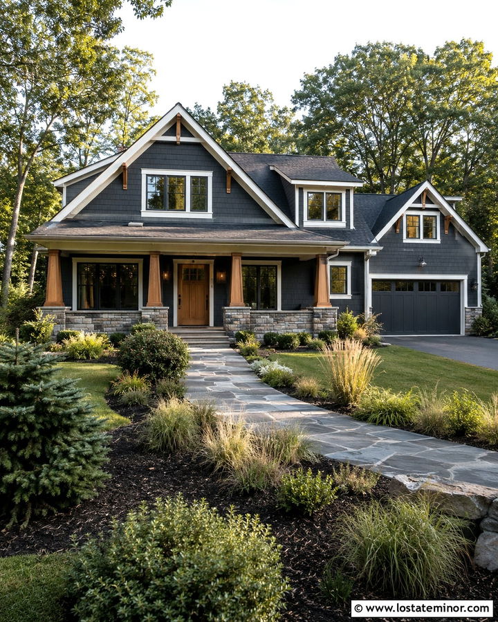 Slate Grey Craftsman House With Cedar Front Door - 30 Slate Grey House Design With Front Door Ideas