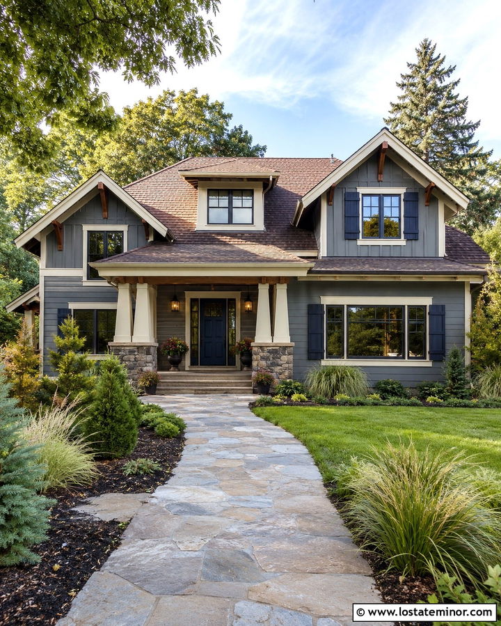 Slate Grey Craftsman House With Navy Shutters - 30 Slate Grey House Design With Shutters Ideas