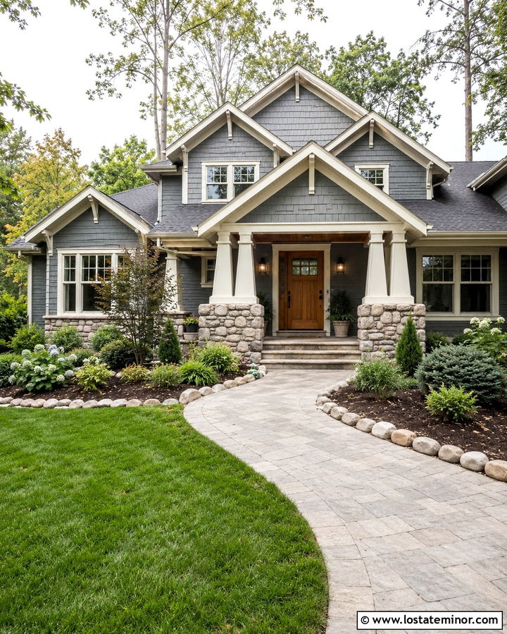 Slate Grey Craftsman House With Stone Portico - 30 Slate Grey House Design With Portico Ideas