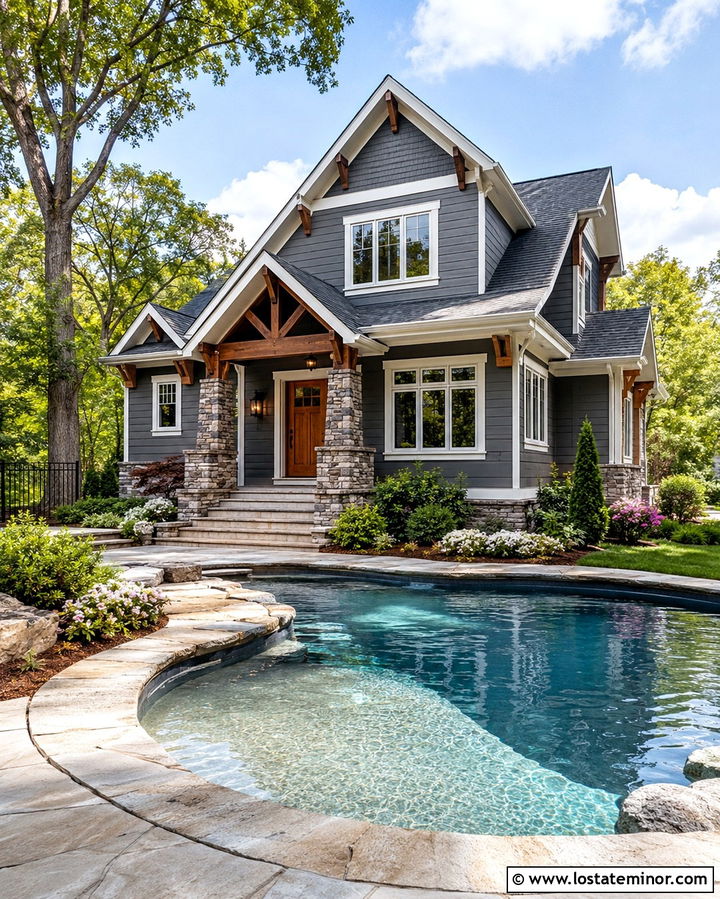 Slate Grey Craftsman House With Tanning Ledge Pool - 30 Slate Grey House Design With Swimming Pool Ideas