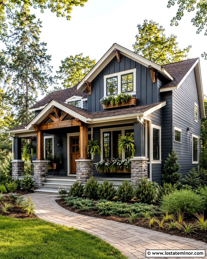 Slate Grey Craftsman House With Window Boxes - 30 Slate Grey House Design With Window Boxes Ideas