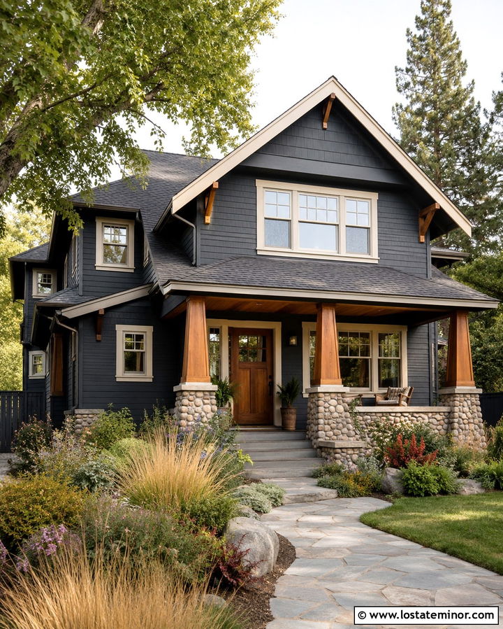 Slate Grey Craftsman With Cedar Front Porch - 30 Slate Grey House Design With Front Porch Ideas
