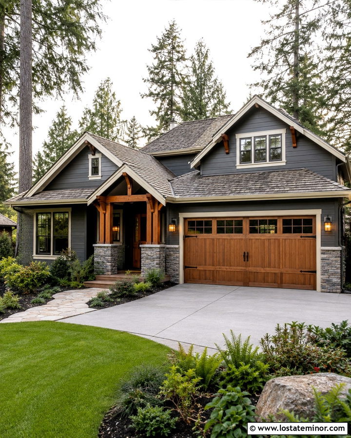 Slate Grey Craftsman With Cedar Garage Door - 30 Slate Grey House Design With Garage Door Ideas