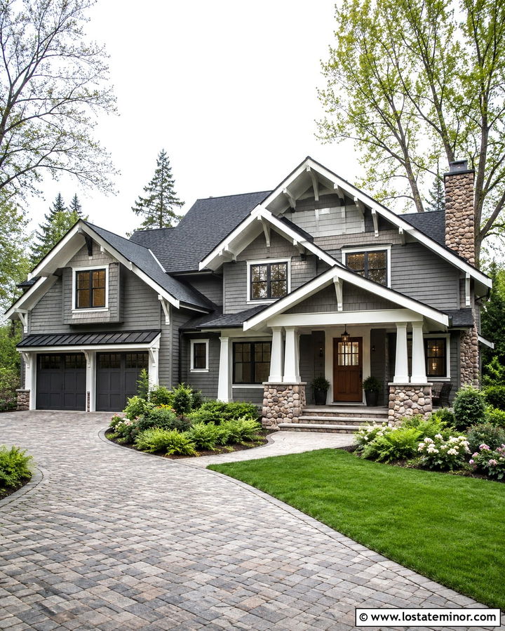 Slate Grey Craftsman With Cobblestone Driveway - 30 Slate Grey House Design With Driveway Ideas