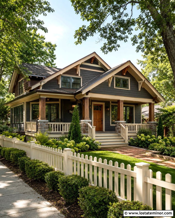 Slate Grey Craftsman With Cream Picket Fence - 30 Slate Grey House Design With Fence Ideas