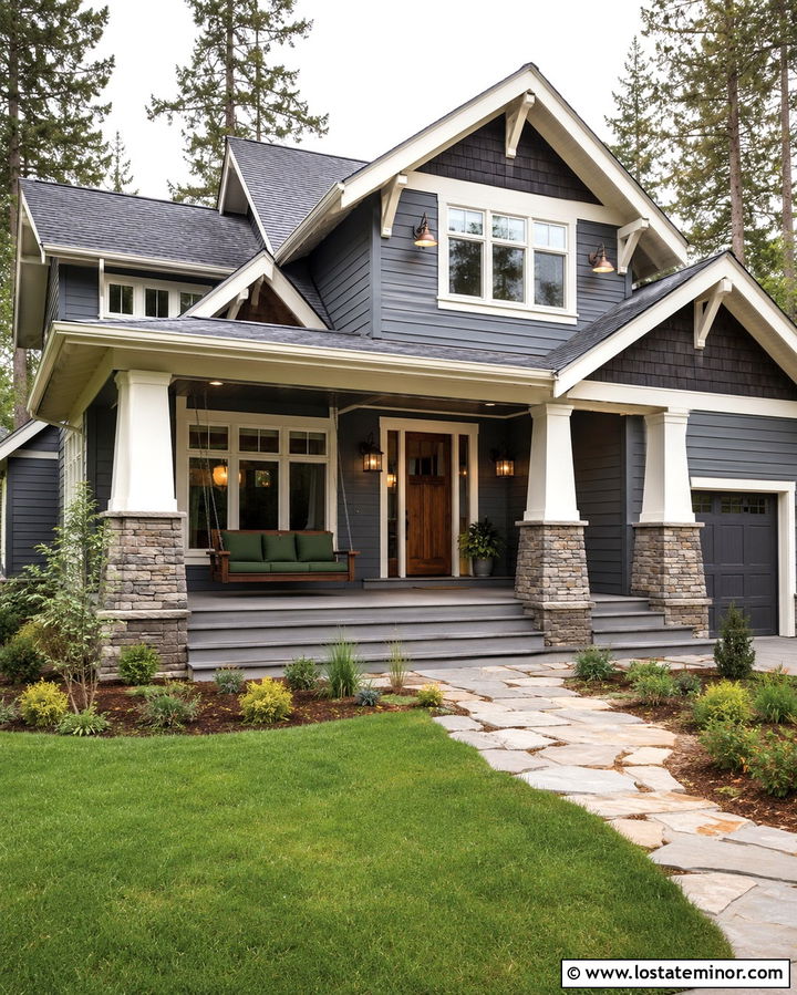 Slate Grey Craftsman With Mission Swing - 30 Slate Grey House Design With Swing Ideas