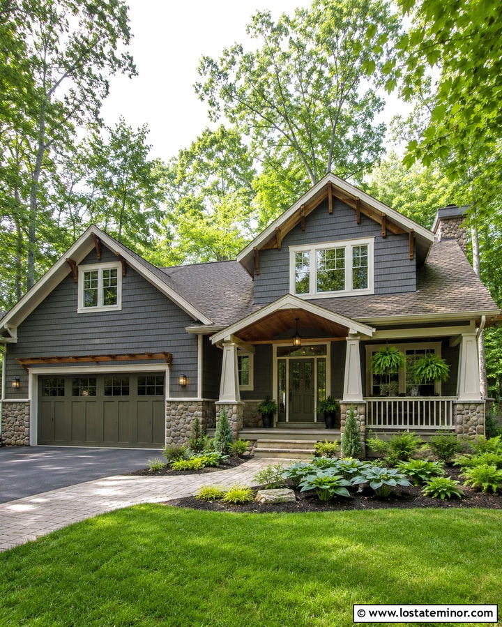 Slate Grey Craftsman With Olive Garage Door - 30 Slate Grey House Design With Garage Door Ideas