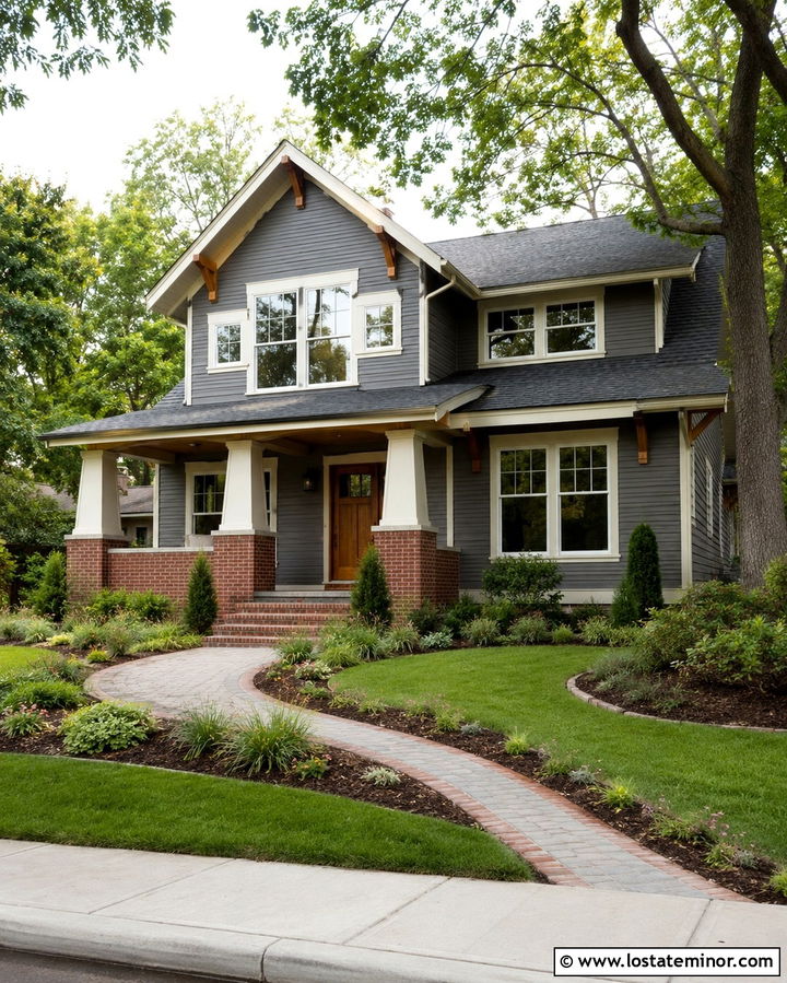 Slate Grey Craftsman With Red Brick Porch - 30 Slate Grey House Design With Brick Accents Ideas