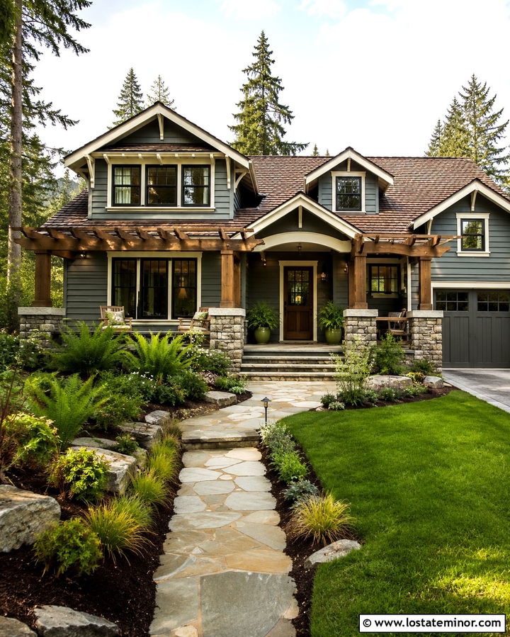 Slate Grey Craftsman With Stone Pergola - 30 Slate Grey House Design With Pergola Ideas