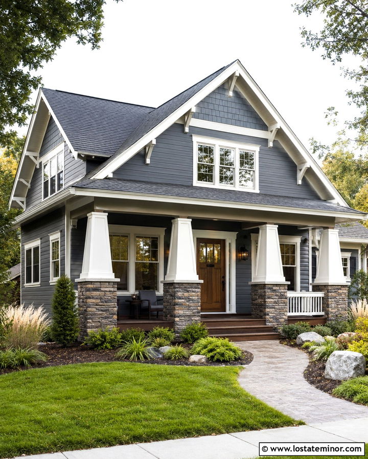 Slate Grey Craftsman With Stone Porch Columns - 30 Slate Grey House Design With Porch Columns Ideas