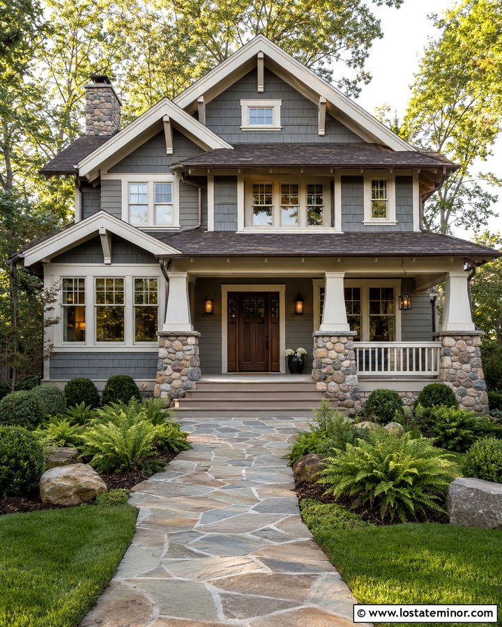 Slate Grey Craftsman With Stone Porch Railings - 30 Slate Grey House Design With Railings Ideas