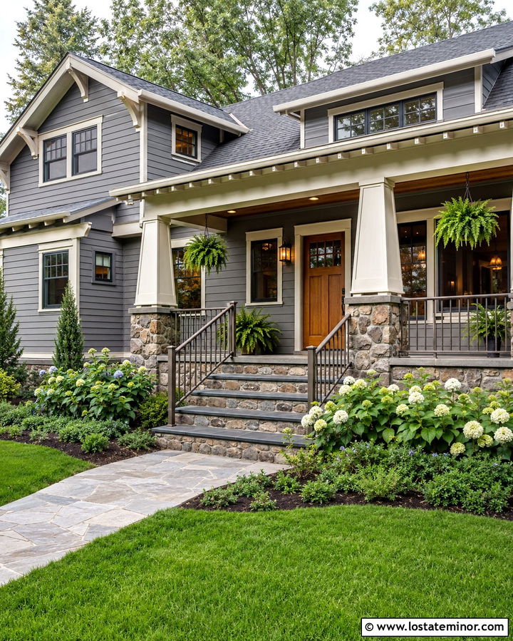 Slate Grey Craftsman With Stone Steps - 30 Slate Grey House Design With Steps Ideas