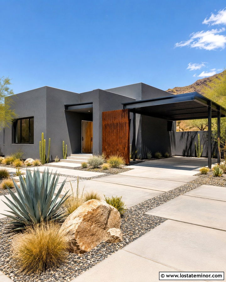 Slate Grey Desert House With Steel Carport - 30 Slate Grey House Design With Carport Ideas