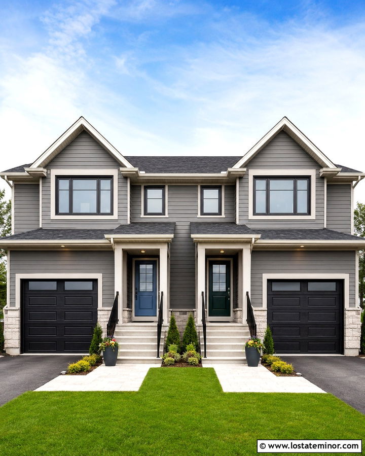 Slate Grey Duplex With Matching Entry Railings - 30 Slate Grey House Design With Railings Ideas