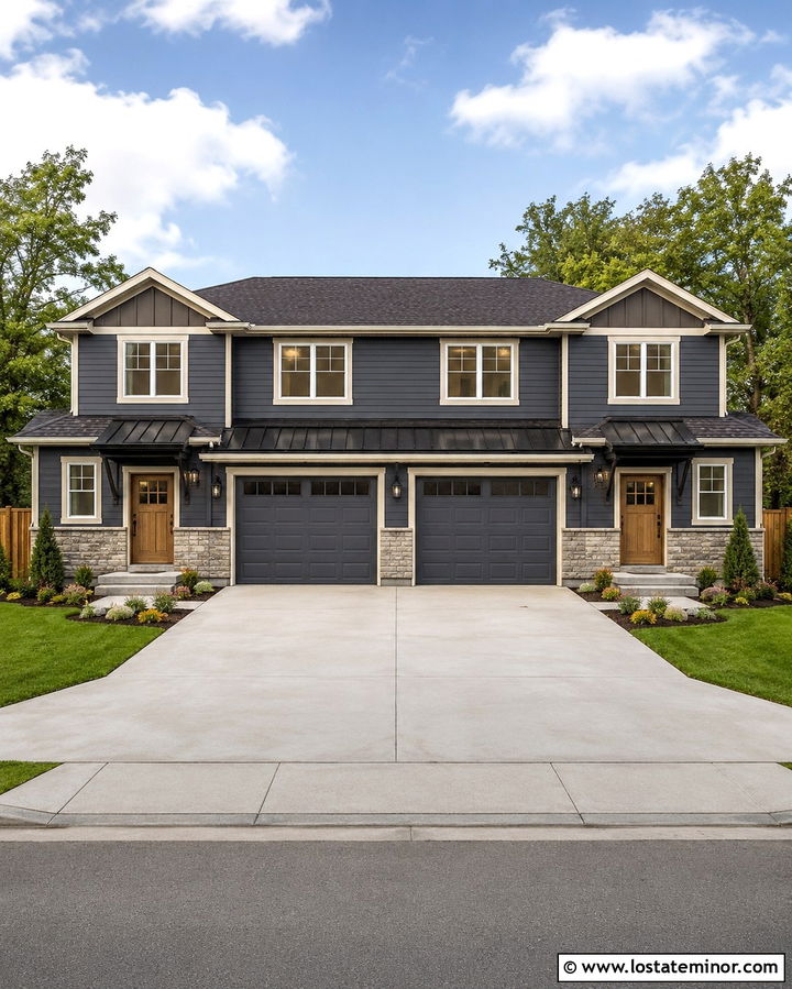 Slate Grey Duplex With Two Garage Doors - 30 Slate Grey House Design With Garage Door Ideas