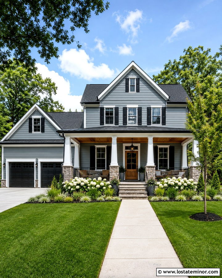 Slate Grey Farmhouse With Black Board And Batten Shutters - 30 Slate Grey House Design With Shutters Ideas