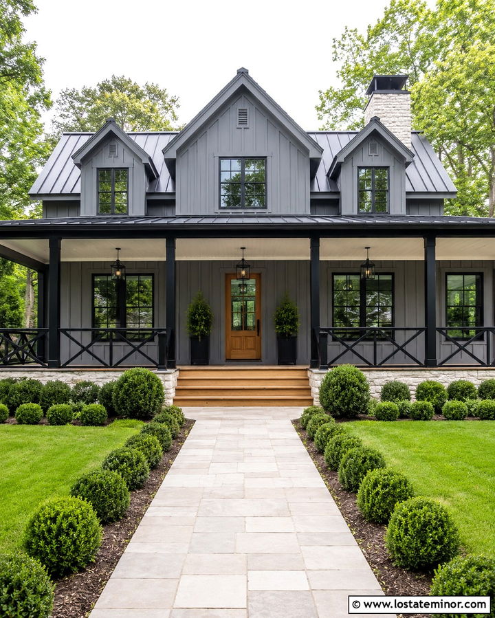 Slate Grey Farmhouse With Black Cross Railings - 30 Slate Grey House Design With Railings Ideas