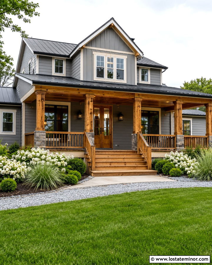 Slate Grey Farmhouse With Cedar Porch Railings - 30 Slate Grey House Design With Railings Ideas