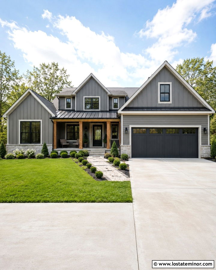 Slate Grey Farmhouse With Charcoal Garage Door - 30 Slate Grey House Design With Garage Door Ideas