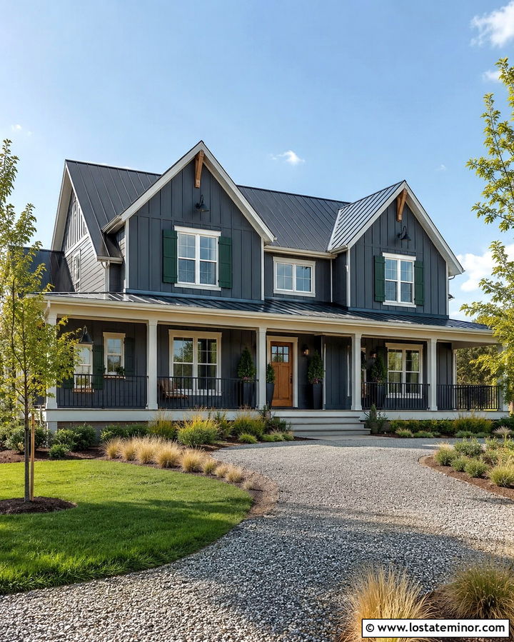 Slate Grey Farmhouse With Forest Green Shutters - 30 Slate Grey House Design With Shutters Ideas