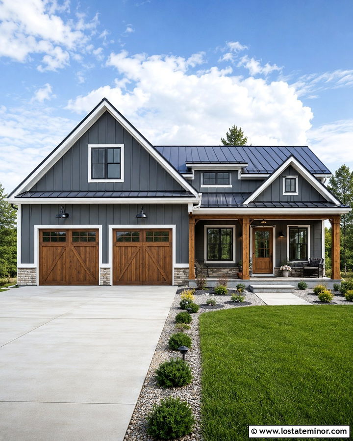 Slate Grey Farmhouse With Gooseneck Lights - 30 Slate Grey House Design With Light Fixtures Ideas