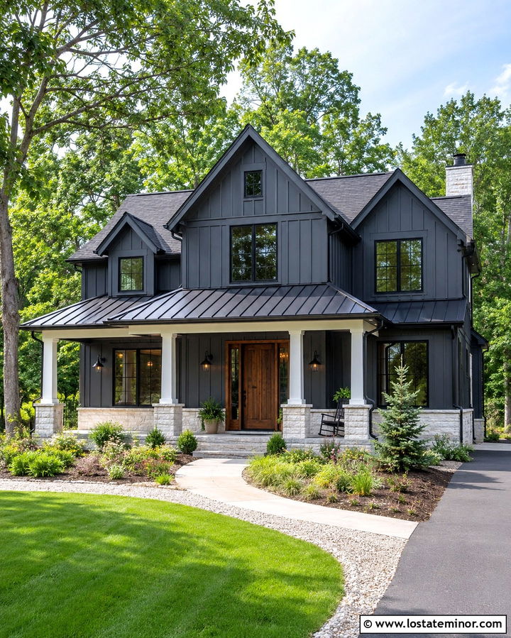 Slate Grey Farmhouse With Metal Roof Portico - 30 Slate Grey House Design With Portico Ideas