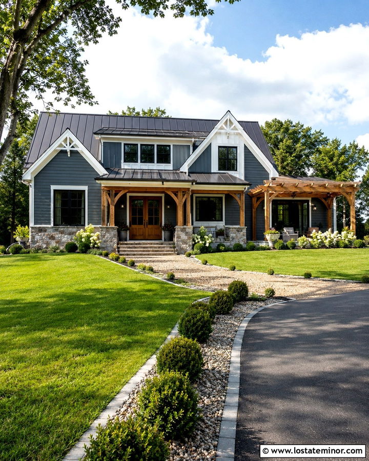 Slate Grey Farmhouse With Pergola - 30 Slate Grey House Design With Pergola Ideas
