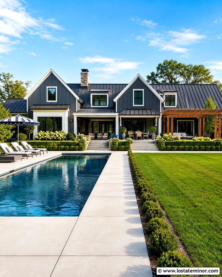 Slate Grey Farmhouse With Rectangular Pool - 30 Slate Grey House Design With Swimming Pool Ideas
