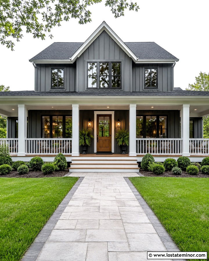 Slate Grey Farmhouse With White Front Porch - 30 Slate Grey House Design With Front Porch Ideas