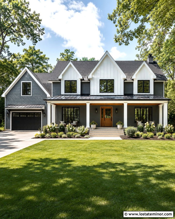 Slate Grey Farmhouse With White Square Columns - 30 Slate Grey House Design With Porch Columns Ideas