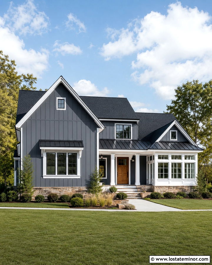 Slate Grey Farmhouse With White Sunroom - 30 Slate Grey House Design With Sunroom Ideas