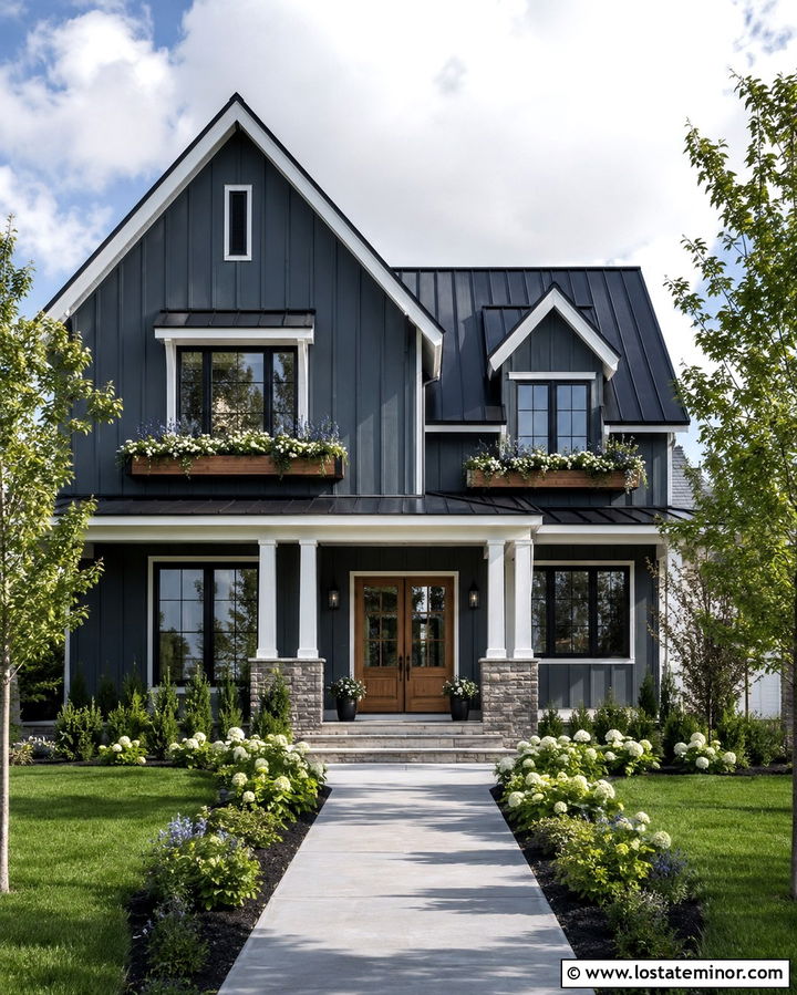 Slate Grey Farmhouse With Window Boxes - 30 Slate Grey House Design With Window Boxes Ideas