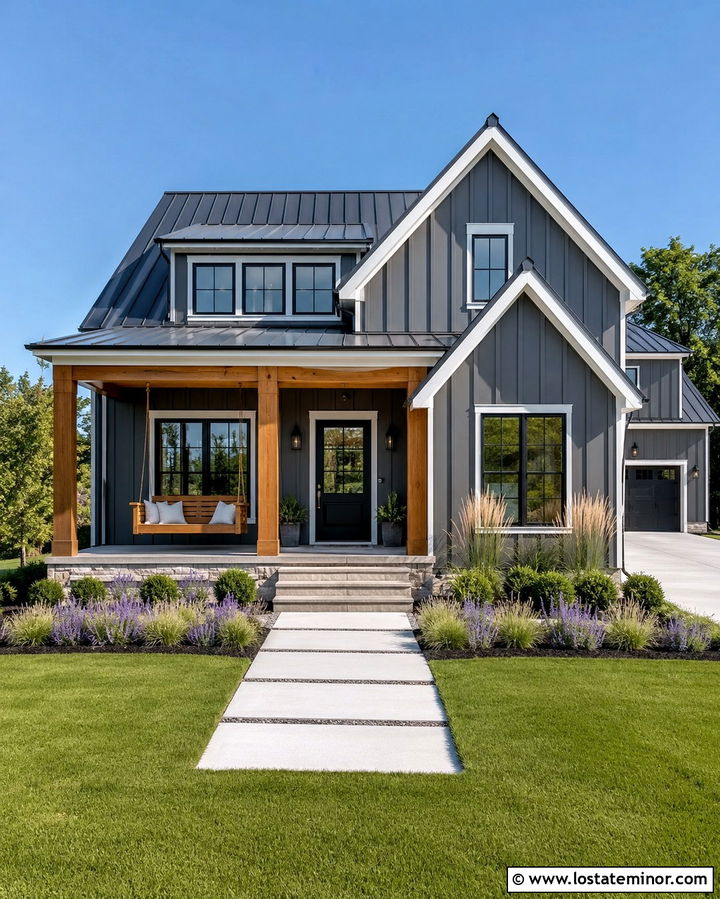 Slate Grey Farmhouse With Wood Swing - 30 Slate Grey House Design With Swing Ideas