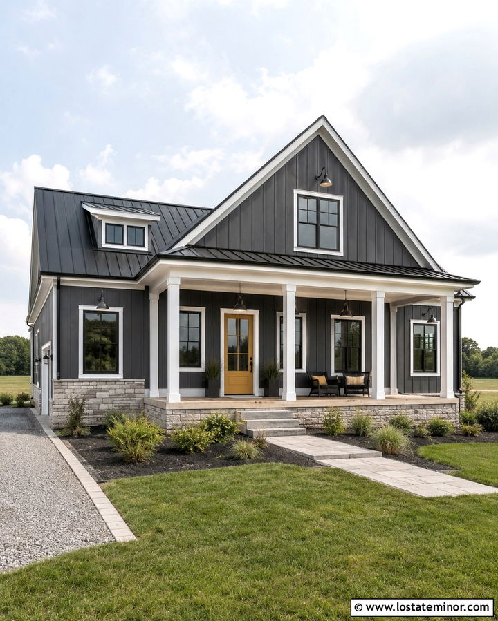 Slate Grey Farmhouse With Yellow Front Door - 30 Slate Grey House Design With Front Door Ideas