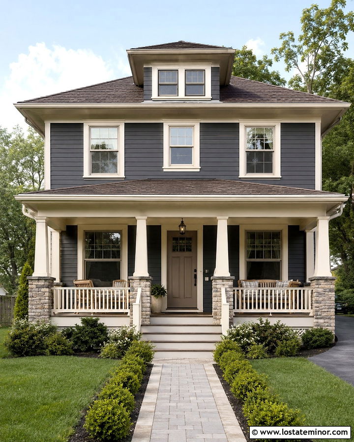 Slate Grey Foursquare House With Greige Front Door - 30 Slate Grey House Design With Front Door Ideas