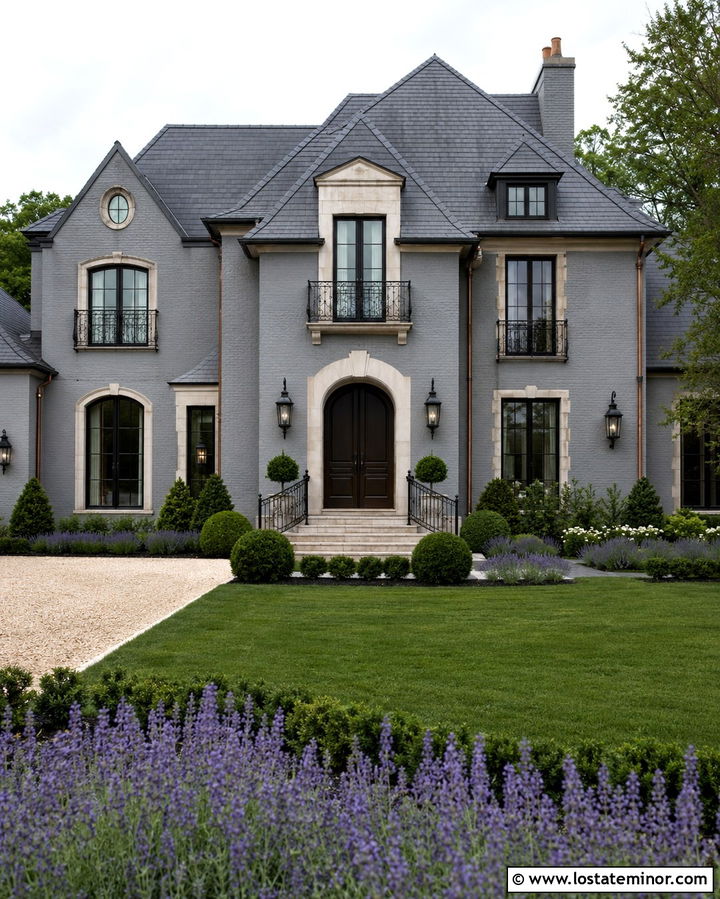 Slate Grey French Country House With Balcony Railings - 30 Slate Grey House Design With Railings Ideas