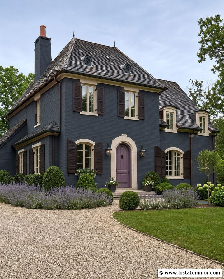 Slate Grey French Country House With Plum Front Door - 30 Slate Grey House Design With Front Door Ideas