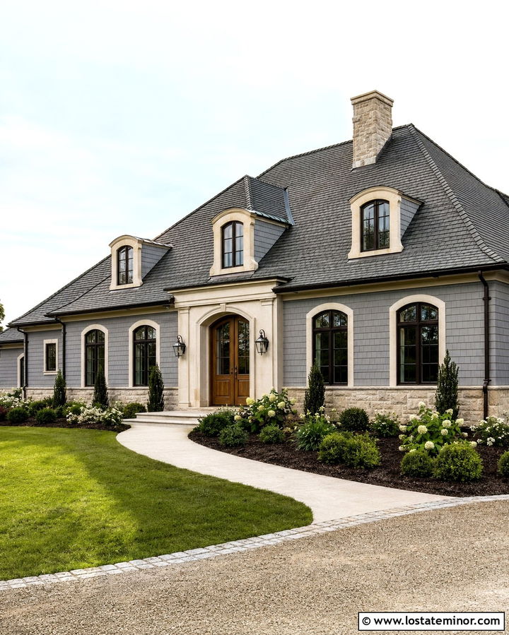 Slate Grey French Country House With Stone Dormers - 30 Slate Grey House Design With Dormers Ideas