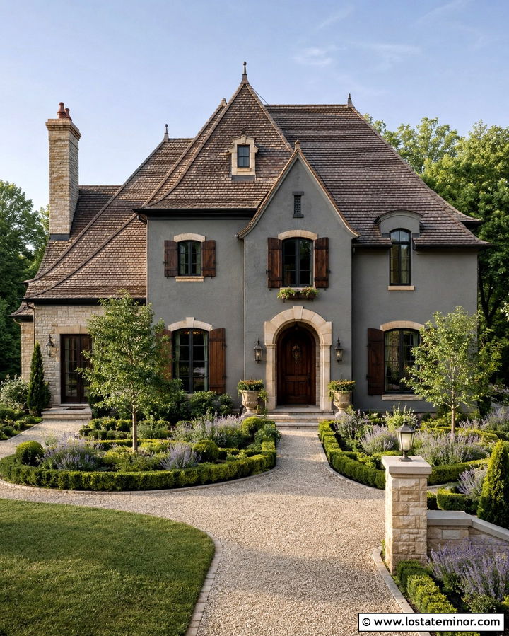 Slate Grey French Country House With Walnut Shutters - 30 Slate Grey House Design With Shutters Ideas