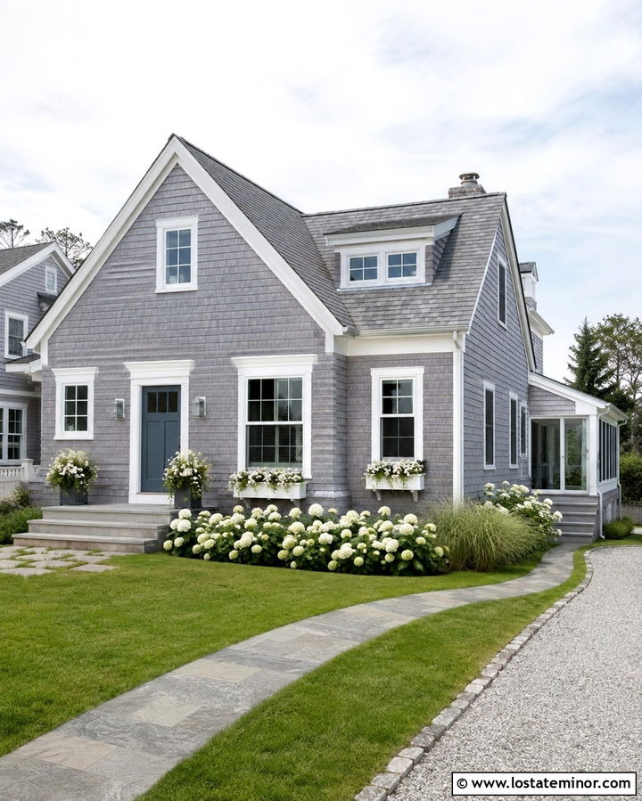 Slate Grey House With A Blue Door And Nickel Sconces - 30 Slate Grey House Design With Lighting Ideas