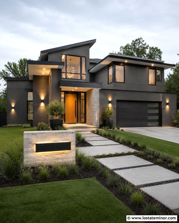Slate Grey House With A Lighted Address Sign - 30 Slate Grey House Design With Lighting Ideas