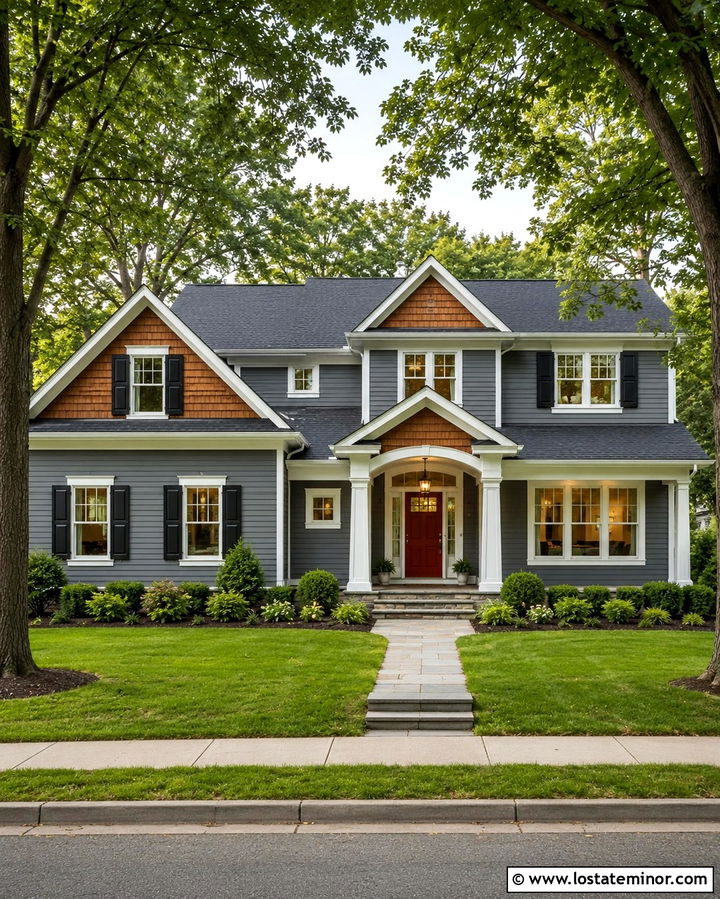 Slate Grey House With A Red Door And Cedar Shakes - 30 Slate Grey House Design With Cedar Shake Ideas
