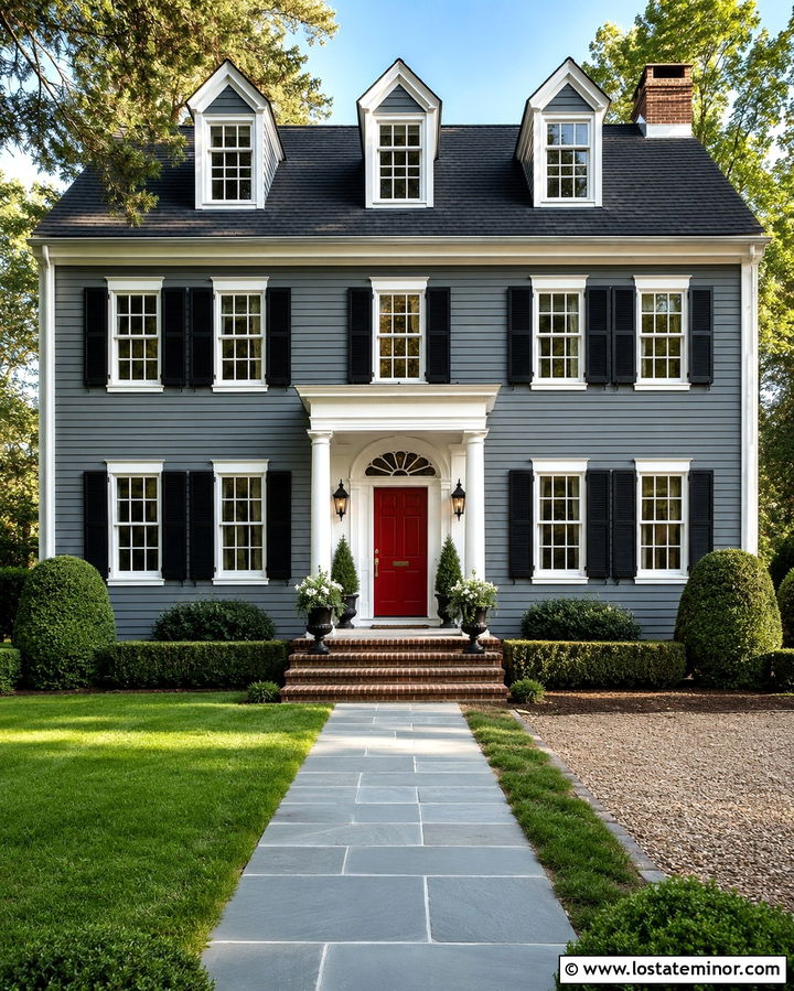 Slate Grey House With A Red Door And Traditional Lanterns - 30 Slate Grey House Design With Lighting Ideas