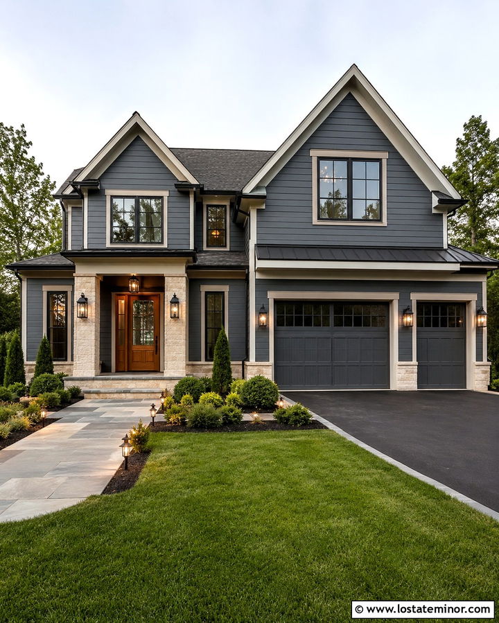 Slate Grey House With A Wood Door And Glass Lanterns - 30 Slate Grey House Design With Lighting Ideas